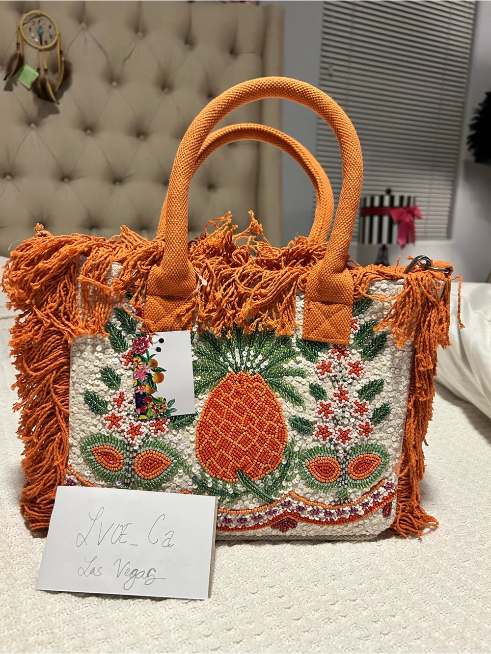 America and Beyond Beaded Pineapple Fringe Tote Bag - Orange